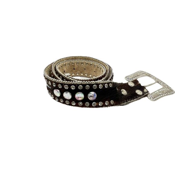 Western Cowgirl Belt Womens Brown Pony Calf Hair Leather Rhinestone Studded main image 4